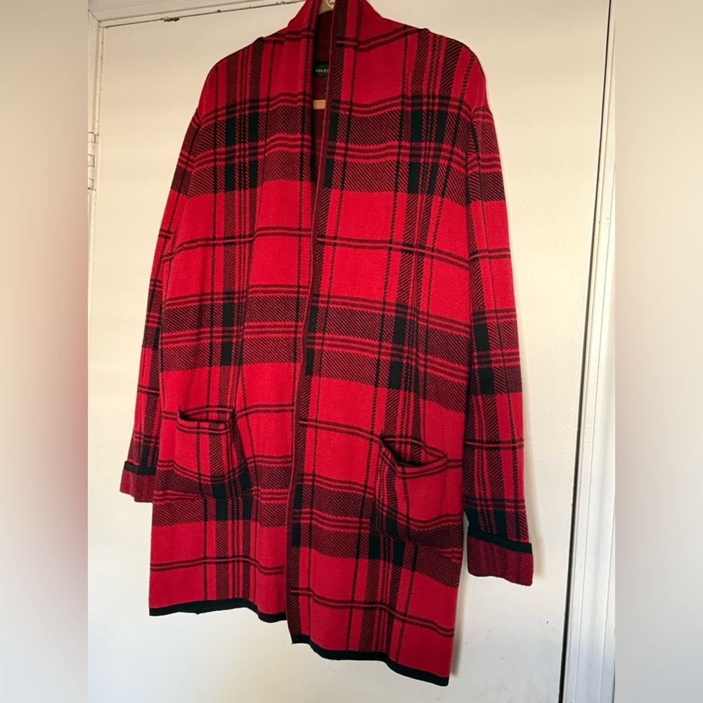 Ashley Stewart Red and Black Plaid Open Cardigan SIZE 18/20 GUC - Picture 2 of 5